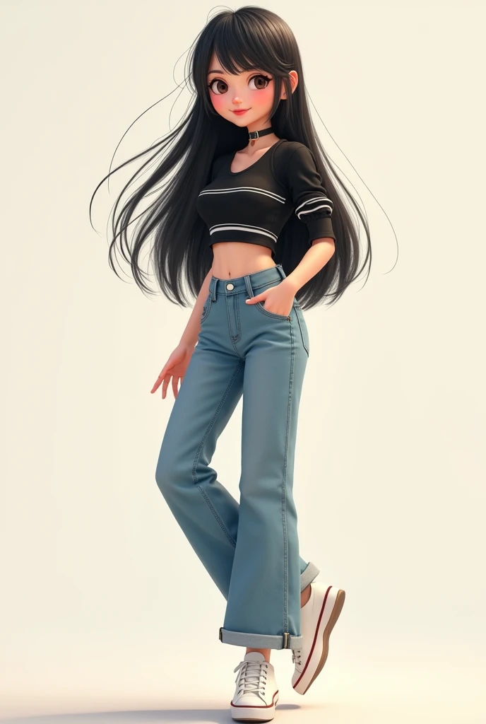 I want a picture of a girl with the prettiest wide leg jeans, that has long straight black hair, The white skin, and that he is slightly lifting one foot, with a super youthful black top with white stripes , that has the youthful face of a 20-year-old, and...