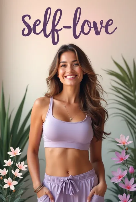 "An eBook cover that conveys a powerful message of amor-próprio and emagrecimento. in the center, a serene-looking woman, with an expression of confidence and joy. She wears casual and modern clothes, like a sports bra and comfortable pants, highlighting y...