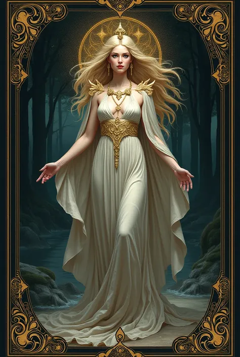 Ancient tarot cards of Persephone with her name below 