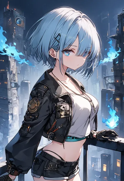 (uncensored), score_9, score_8_up, score_7_up,source_anime, high quality, exceptional, best quality, perfect hand, 1 girl, (solo), side view, detailed face, detailed eyes, ((her right eye is glowing, blue fire)), (((short hair))), (dark), ((grey crop top))...