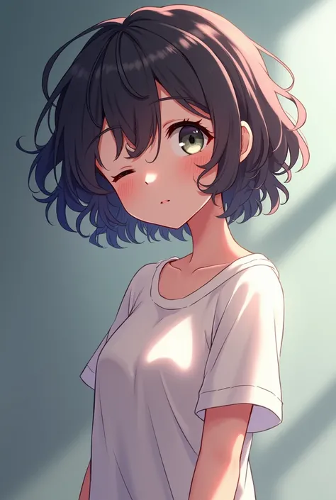 Girl with curly hair with short hair, a short-sleeved shirt and half-closed eyes looking forward anime style