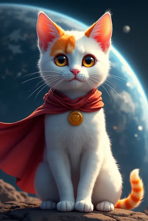 Make a picture of my cat. He is white with an orange spot between his ears and eyes in the center of his ears and forehead is white, It has an orange spot below the left eye and the tail is orange as well.. 


I want him to wear a superhero costume and be ...