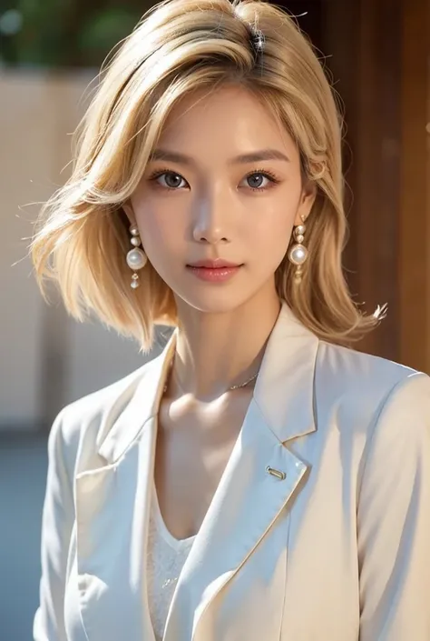 
a portrait of a thai woman with shoulder-length blonde hair. She is wearing a white blazer and a white top. She has a neutral expression on her face and is looking directly at the camera with a slight smile. Her hair is styled in loose waves and falls ove...