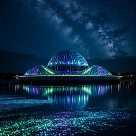 Futuristic Lake of Iridescent Lights and Holographic Creatures, Futuristic Building on a Calm Lake Surrounded, moonlight starry environment, dreamy landscape, Iridescent light effect, Crystal rainbow lights effect, ultra-fine glass reflection, light leaks,...