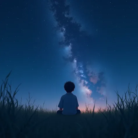 Teenager&#39;s back, starry sky, grass, Milky Way 