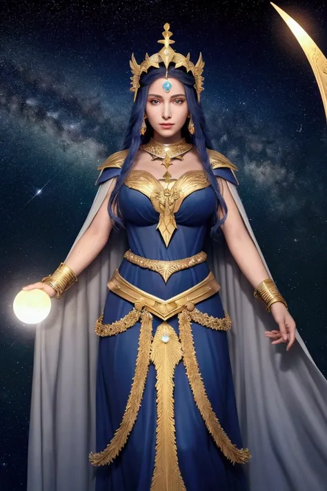 "A depiction of Astarte, the ancient Phoenician goddess of love, fertility, and war. She stands tall and regal, with a crown of stars adorning her head and flowing robes in shades of deep blue and gold. Her eyes glow with wisdom and power. In one hand, she...