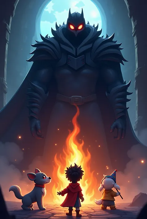 At the heart of the fortress, Jadoo and his companions finally come face-to-face with the Shadow Lord. He is a towering figure, cloaked in darkness, with glowing red eyes and a crown of shadow. His armor is made of black, jagged metal, and his voice echoes...