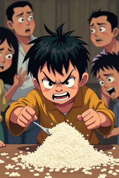 A boy is very bad everyone scolds him because he does not eat rice so many people scold him.   Throws away the rice in anger
(Drawing Edition)