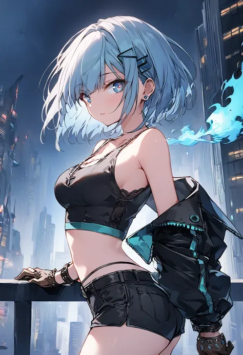 (uncensored), score_9, score_8_up, score_7_up,source_anime, high quality, exceptional, best quality, perfect hand, 1 girl, (solo), side view, detailed face, detailed eyes, ((her right eye is glowing, blue fire)), (((short hair))), (dark), ((grey crop top))...