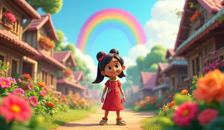 The village is now full of color, with vibrant gardens, a rainbow in the sky, and happy villagers enjoying the new creations. Mia stands in the middle of it all, smiling..