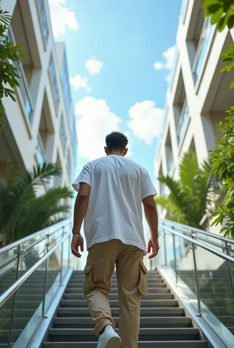 Man Model from behind, ascending a modern shopping mall staircase, with an edited sky view in the background, wearing a white oversized t-shirt, 100% premium cotton, 220 grams, 68cm total length, 62cm chest width, sleeves 24cm, relaxed flow with slight mov...