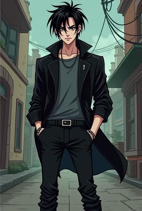 A tall, pale, teenage vampire with a brooding and mysterious vibe, depicted in a retro cartoon art style similar to Hanna Barbara. He has long, disheveled and tousled black hair with a widows peak that hangs over his dark eyes and drapes down his neck. His...