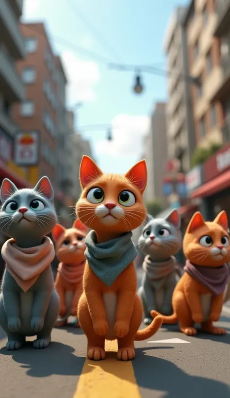 a group of cats from behind and facing forward looking at something, low angle, background of city road full of vehicles , cat character wearing clothes, claymatio 3D