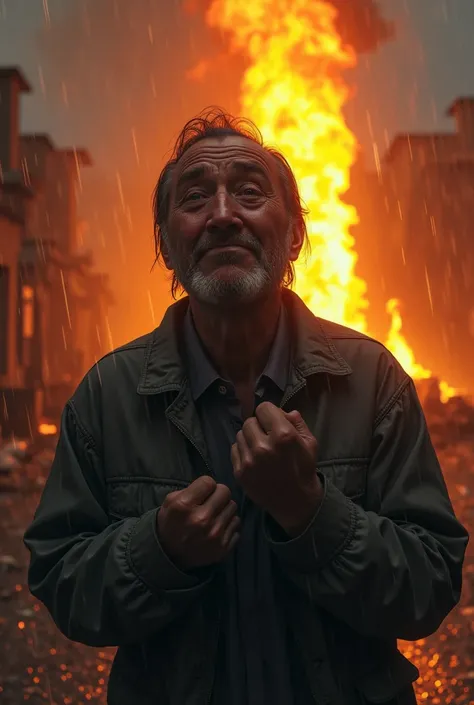 Man crying in the rain with fire in the background
