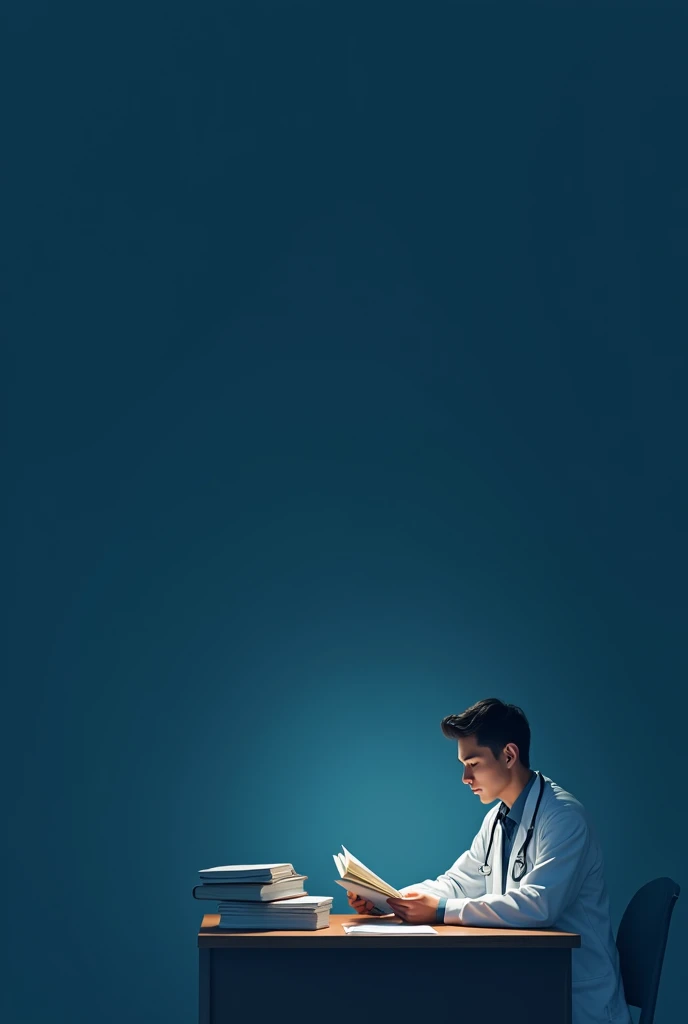 Dark blue background image, with a drawing of a doctor in profile, that he be small studying internal medicine hard. Let it be small and leave plenty of room to write.
