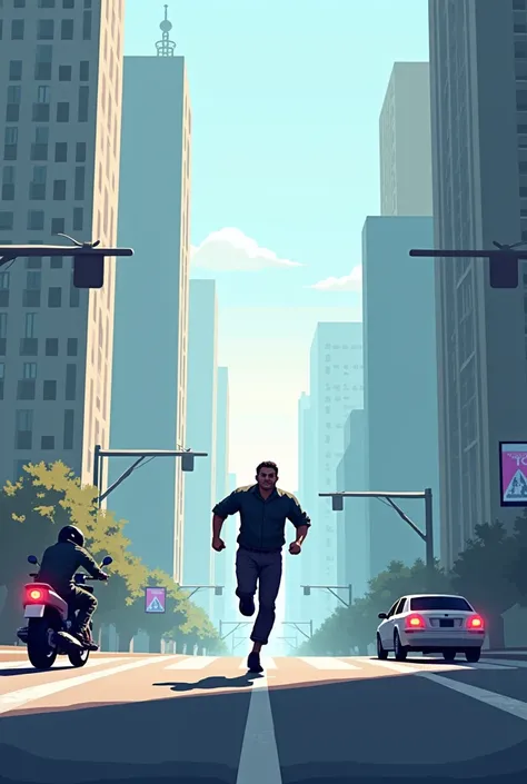 Pixel art theme modernity, man running on the street semi a car motorcycle or bike nearby alone in the middle of the world