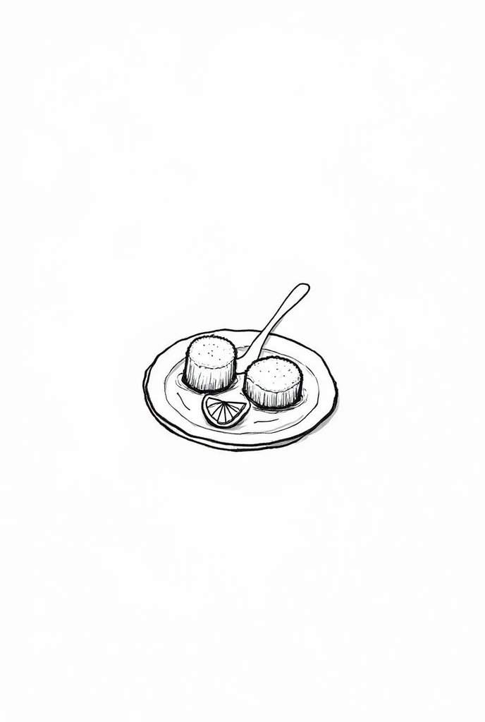 medium codfish cakes on top of a plate and a small cut lemon easy drawing 1D or 2D not colored. COLORLESS. in black and white. with thick black outline