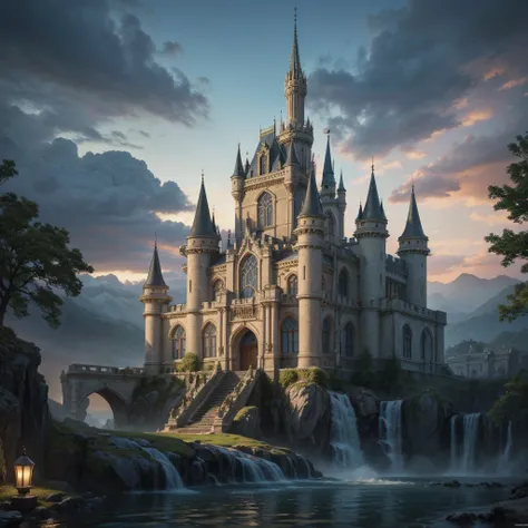 a beautiful, detailed illustration of a white castle with a courtyard full of magical creatures, including mermaids, elves, gnomes, fairies, and humans, all waiting for an announcement from the Queen, (best quality,4k,8k,highres,masterpiece:1.2),ultra-deta...