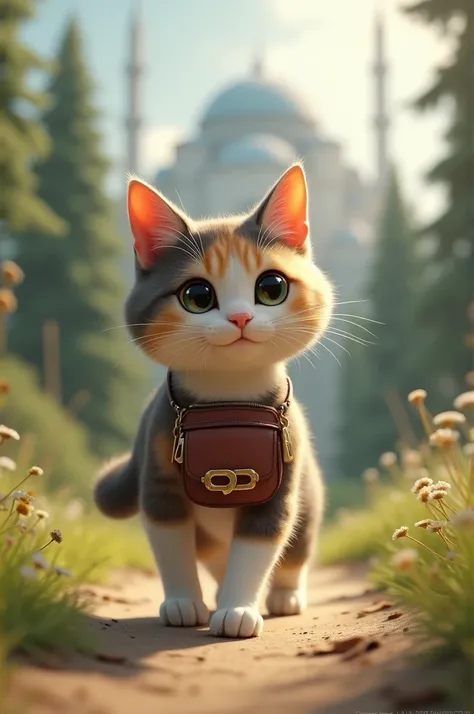 Four-legged cat walking with a hip bag on its stomach 
