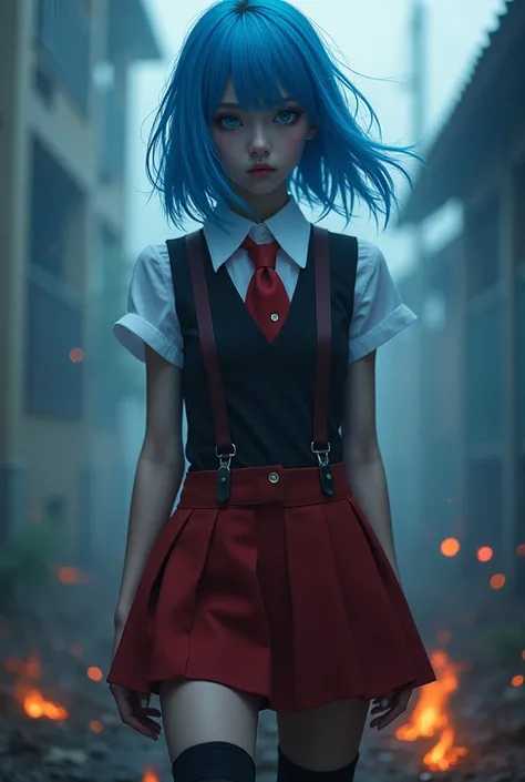 ((masterpiece, best quality)), insaners, absurdres, solo, outdoors,
CLOTHING_BibleBlack_SchoolDress_ownwaifu, 
1girl, with blue hair,  long hair, blue eyes, 
black vest, red skirt, white shirt, collared shirt, suspenders, school uniform, black thigh-highs,...