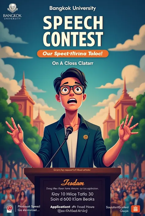 Create a creative speech contest poster on the topic: Bangkok University prize money: 2,000 baht on competition day: September 19, 2024 Location: Bangkok University Application Method: Apply via Google Form
