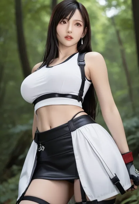 Best Quality}, {so beautiful}, {Very detailed}, {Best illustrations}, Viewer discretion advised, Realistic, masterpiece, Best Quality, (beautiful eyes), Tifa:1.5,Huge breasts、night, Outdoor, In a dark and mysterious forest, Anxious expression, Earrings,Cen...