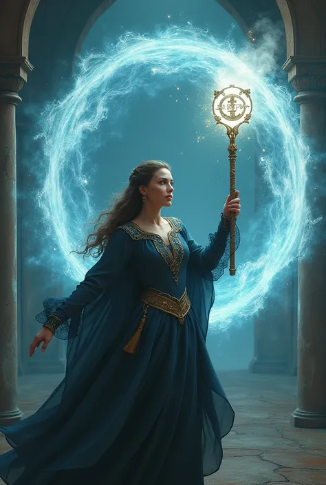 Adult woman holding a wand that has an encrypted C on it, opening a portal to go back in time 