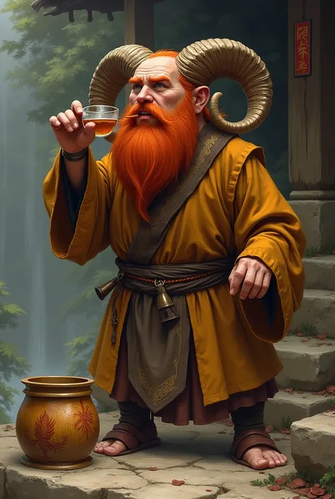 desenho de dungeons and dragons, 
a red-haired Dwarf with copper-toned eyes and skin of the monk class,
 with a chaolin monk&#39;s outfit, 
drinking from a ram&#39;s horn