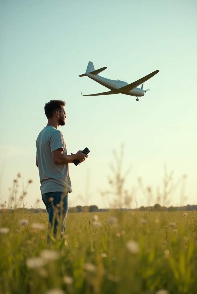 a man is playing with a remote control airplane toy, in the grassland
