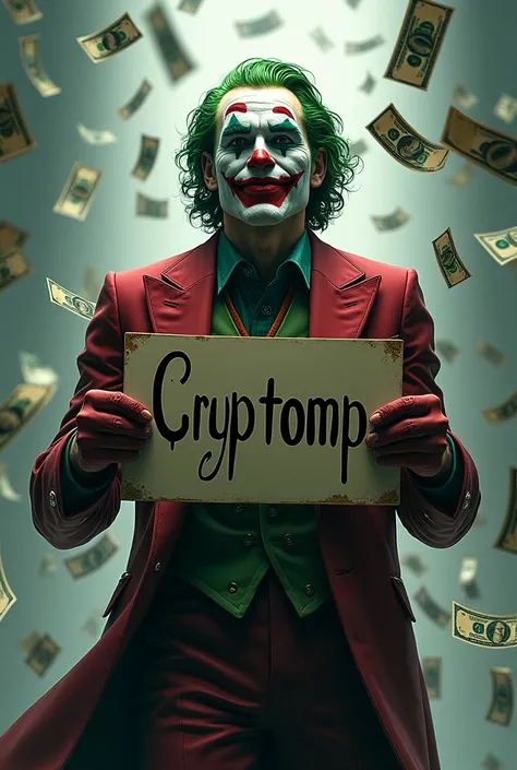 The Joker holds a sign that says CryptoMB Background flying money dollars