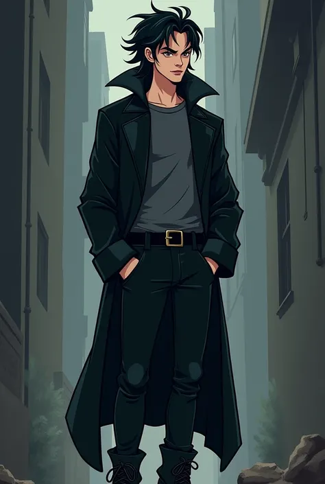 A tall, pale, teenage vampire with a brooding and mysterious vibe, depicted in a retro cartoon art style similar to Hanna Barbera. He has long, disheveled and tousled black hair with a widows peak that hangs over his dark eyes and drapes down his neck. His...