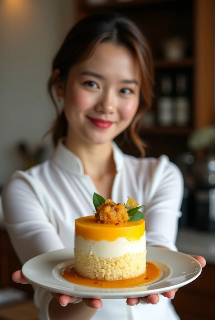 Presenter holding mango sticky rice cheesecake
