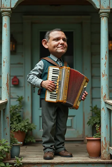 creates person with an accordion on his arm on an old porch 