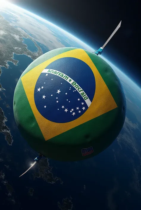 A large satellite in space with the Brazilian flag painted on the satellite&#39;s structure in the background, Planet Earth.. Write a title below, STARLOT.