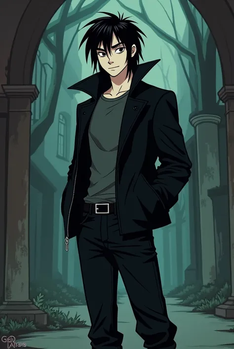 A tall, pale, teenage vampire with a brooding and mysterious vibe, depicted in a retro cartoon art style similar to Hanna Barbera. He has long, disheveled and tousled black hair with a widows peak that hangs over his dark eyes and drapes down his neck. His...