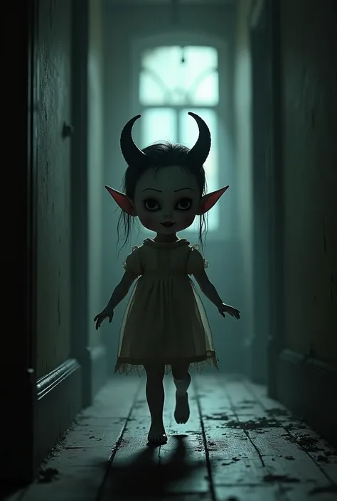 Little devilish Anabel doll walking in a gloomy house