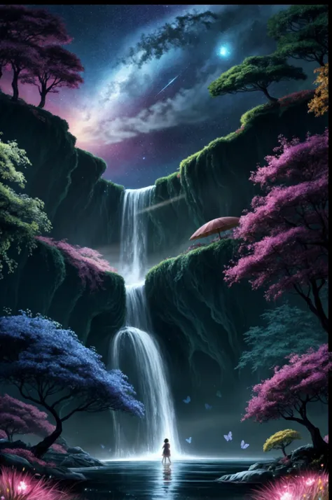 /imagine prompt: Viral anime nature wallpaper in 4K quality, in the style of digital illustration inspired by Satoshi Kon, depicting a dreamlike garden with floating islands, waterfalls cascading down, and glowing butterflies; surreal and vibrant color tem...