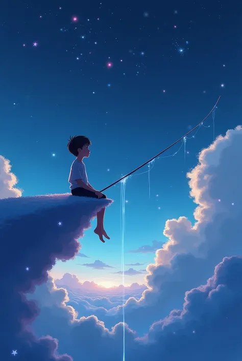 An artistic illustration of a boy sitting on the edge of a floating cloud, fishing in the night sky. He holds a long fishing rod that extends down into the stars, with sparkling lights resembling fish swimming in the dark, starlit waters of space. The boys...