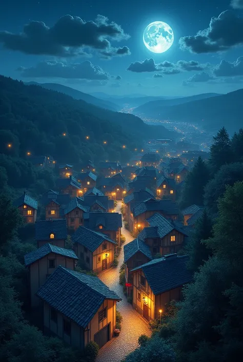 View of houses illuminated from the sky, from above ، With a moon and stars 