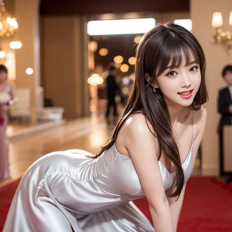 Silver glossy dress，laughing out loud，knee shot, The background is the wedding banquet hall，1 female, light brown hair, blunt bangs, hair behind ears, Shoulder length hair, long hair, Slender body type, 超face slimming型, face slimming, delicate lips, Beauti...