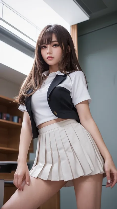 Product quality,1 girl,(Shooting from below:1.4),(Thigh Emphasis:1.4),Young and pretty girl in Japan,Daytime, (High school classroom:1.2),(Short sleeve shirt:1.3),(Schoolgirl uniform:1.3),(blazer:1.3), (Ultra mini pleated skirt in white:1.5),(Skirt Lift,No...