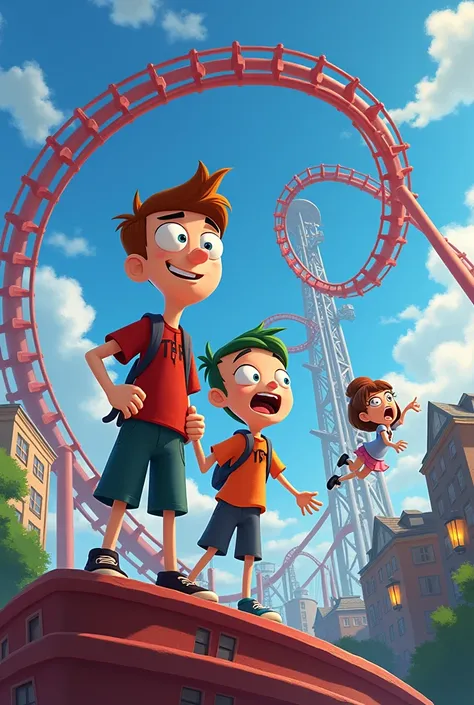 Phineas and Ferb stand confidently at the peak of their massive rollercoaster, both smiling with excitement as the coaster cars zoom down the track. Candace is in the background, chasing after them with a panicked expression, holding a phone.