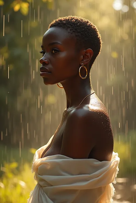 (photorealism:1.2), beautiful black woman, chocolate brown skin tone, white silk shawl, nude, standing in the rain, wet skin, outside, outdoors, short military buzz cut, brown hair, hoop earrings, outdoors, soft lighting, sunlight, relaxed pose, realistic,...