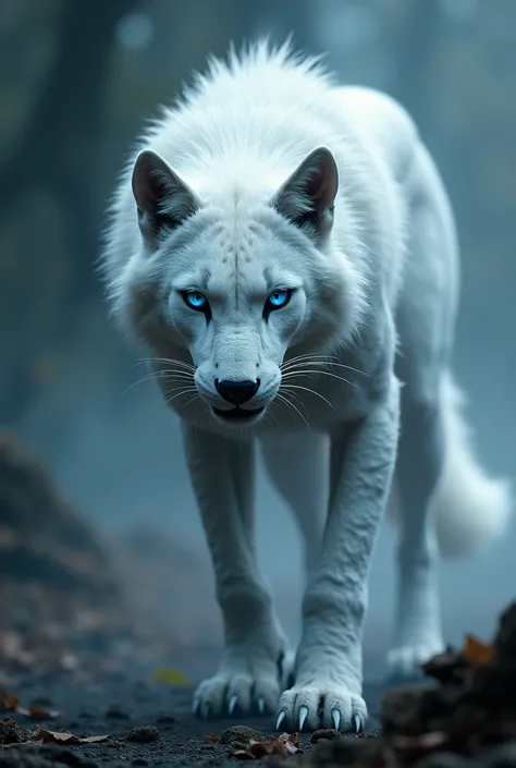 White wolf looking creature which is long lile a cheetah with blue eyes and intimidating 