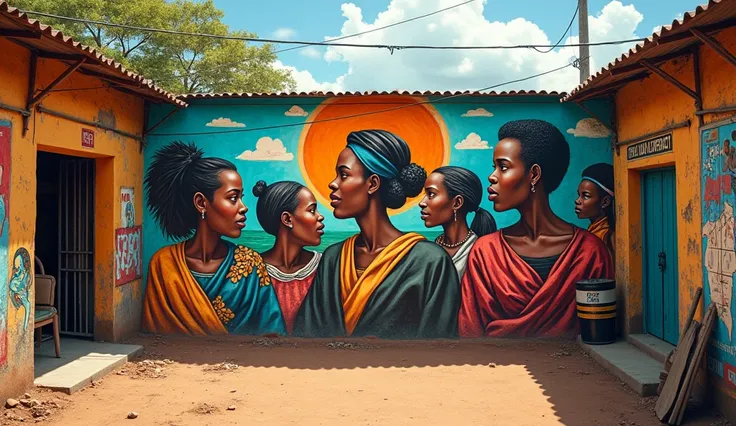 Democracy posters and justice on a mural painted in an alley in Africa