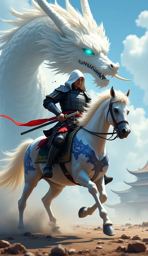 Brave Samurai on a White Horse,Wearing black and red armor with a white hood, Holding a sword, Dynamic fighting poses, Intricate blue and white horse decoration, Sharp and clean lines, Realistic, High resolution,The background is a battlefield、White orient...