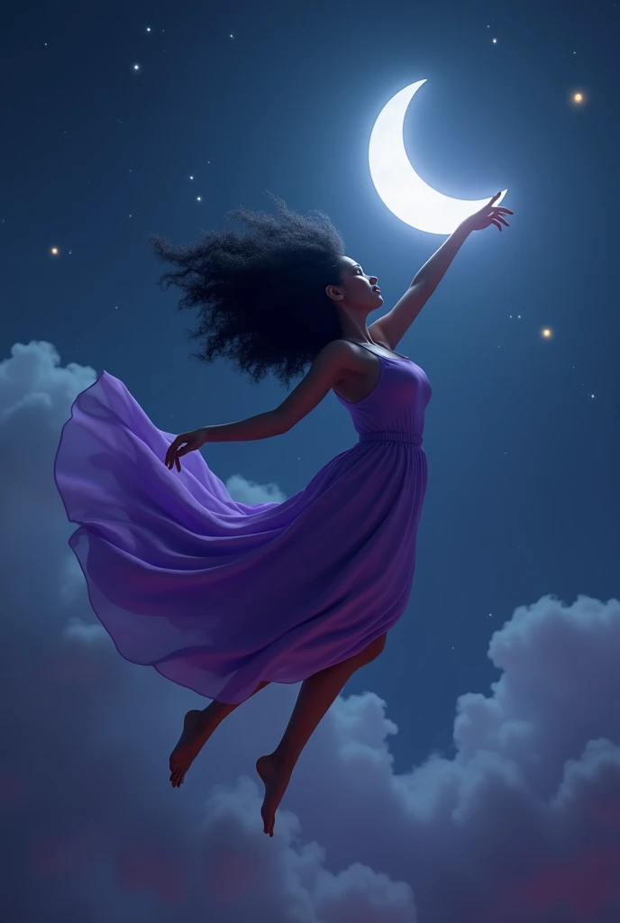 a chubby latina woman with short,curly black hair flying,looking at a crescent moon at night,wearing a purple dress,her dark skin glowing in the moonlight,(best quality,4k,8k,highres,masterpiece:1.2),ultra-detailed,(realistic,photorealistic,photo-realistic...