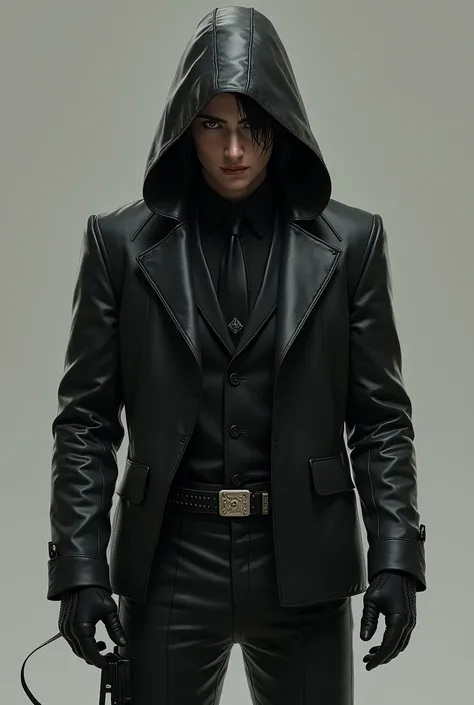 Make the appearance of the following character. Short, shaved black hair. deep look, dark and cold. dark suit, Black leather jacket and pants. Multi-tool belt, pair of gloves and a hood. Manipulator appearance, cold and calculating.