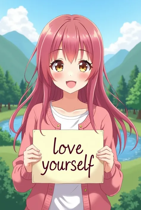 A cute anime-style girl with pink hair is smiling while holding a sign that says "Love Yourself". She is wearing a pink sweater and a white shirt.long brown hair,brown eye. The background is a serene landscape with mountains, trees, and a body of water.