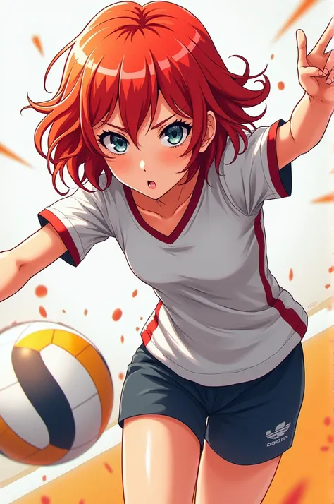 Redhead girl, with short wavy hair to the shoulders, He has grey eyes and plays volleyball., anime style 